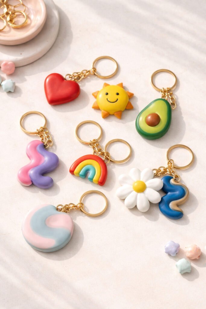 Colorful clay keychains on soft surface