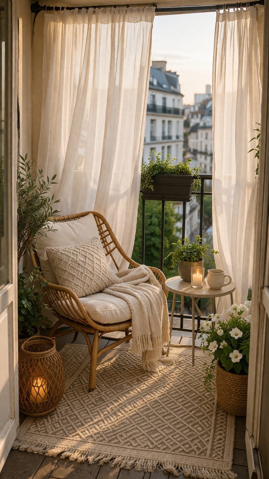 Cozy balcony nook at golden hour