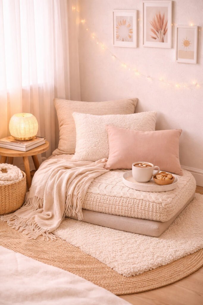 Cozy floor seating with snacks and warmth