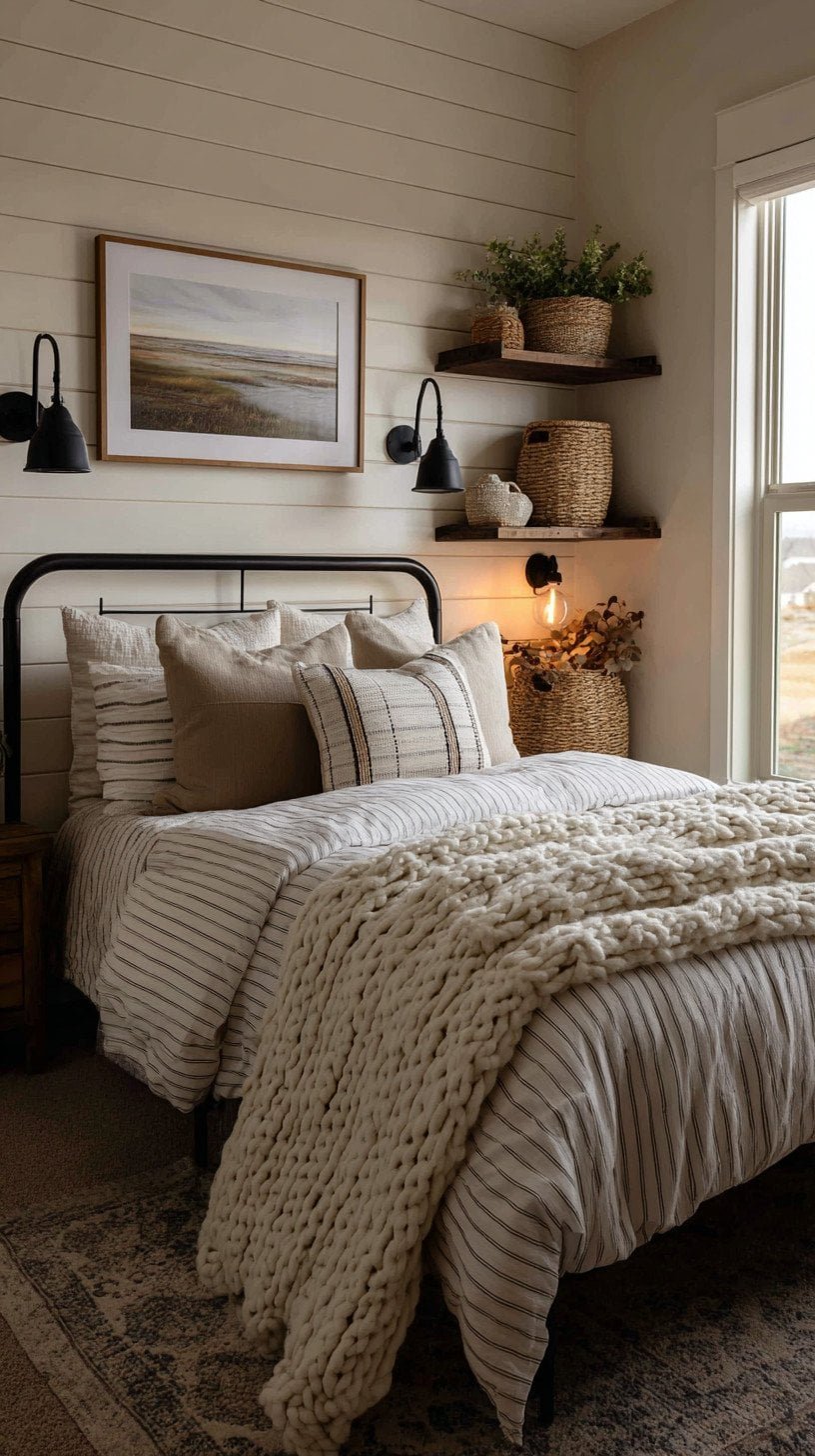 Modern farmhouse guest bedroom with shiplap wall, iron bed, chunky knit throw, and black metal sconce accents