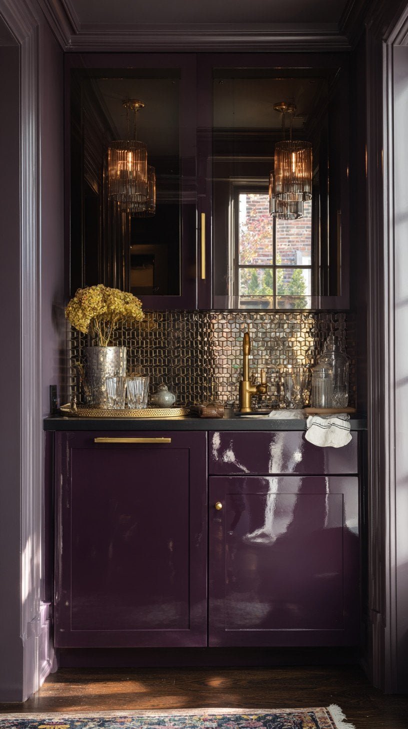 Aubergine jewel box kitchenette with high-gloss lacquer cabinets, brushed brass faucet, and smoked mirror backsplash.