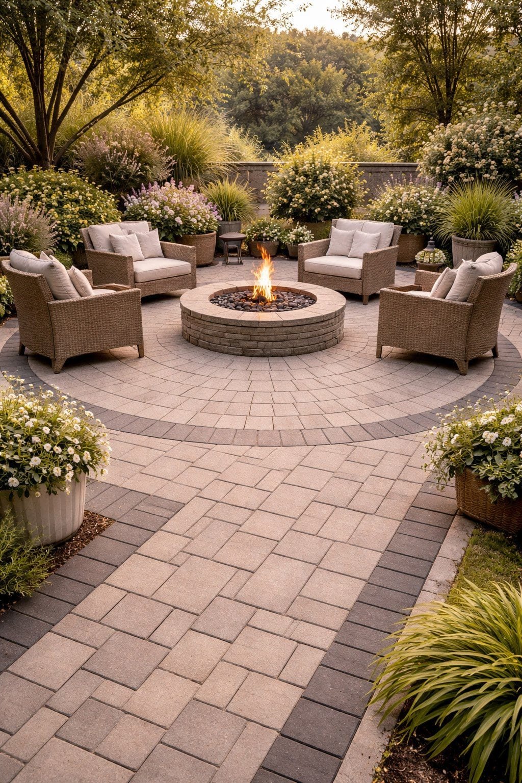 Elegant patio with stone fire pit