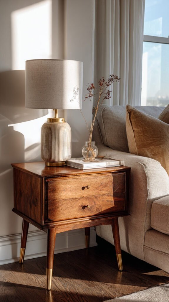 Refinished walnut stain thrift flip side table styled beside a linen sofa with curated home decor