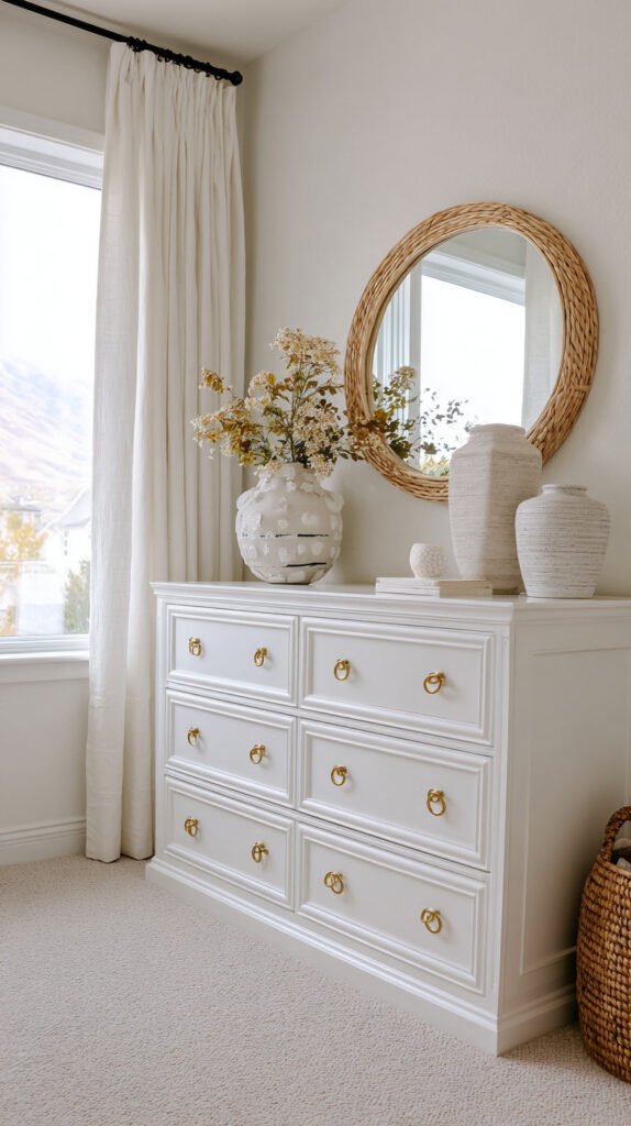 Custom white dresser with trim molding and brass hardware styled in a bright neutral bedroom