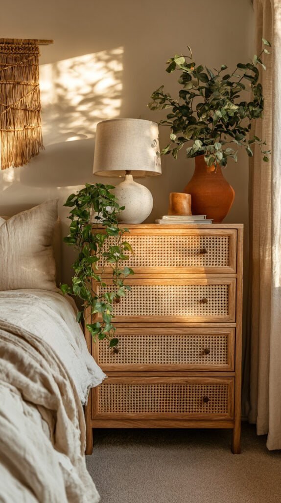 Cane webbing dresser styled as focal point in a boho modern bedroom with warm natural light