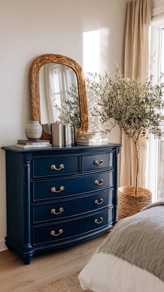 Bold navy blue painted dresser with brass hardware styled as hero piece in a bright editorial bedroom