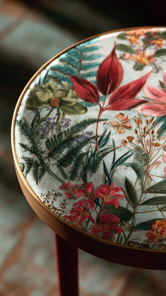 Decoupage botanical print side table styled as hero piece in a bright eclectic living room