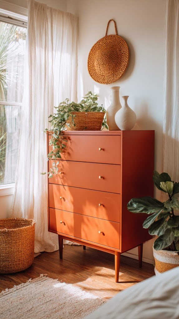 Terracotta painted dresser on tapered mid century legs styled as hero piece in a bright bedroom
