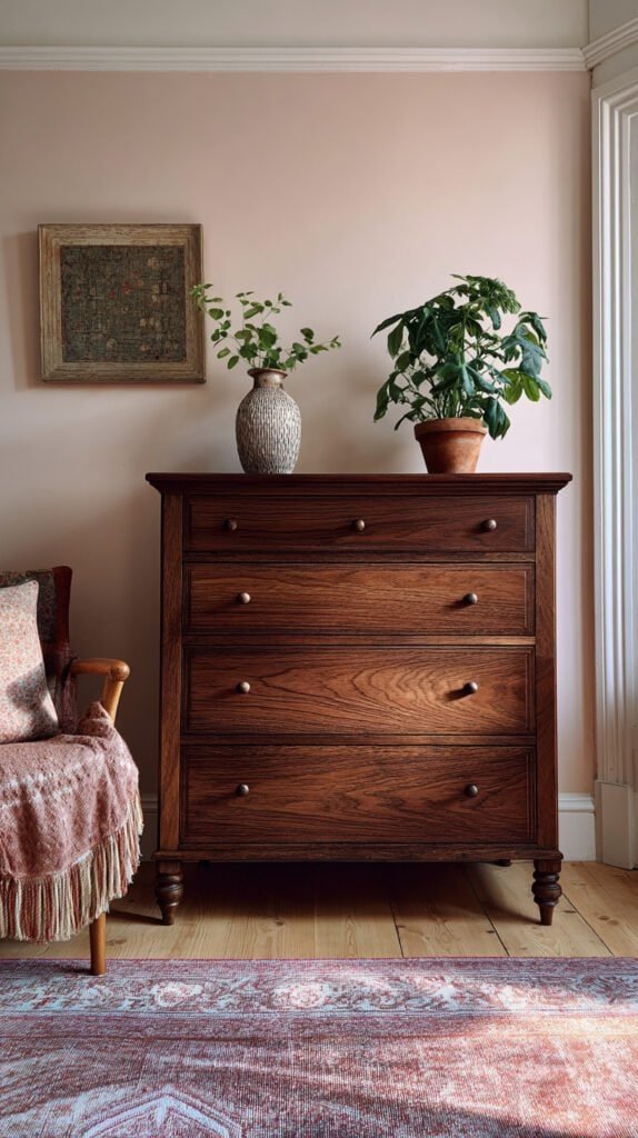 Restained walnut finish oak dresser styled as hero piece in a warm editorial bedroom