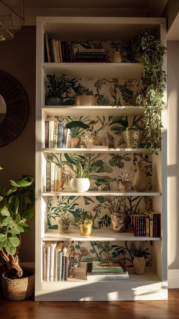 Open bookcase with bold botanical wallpaper interior styled as hero piece in a bright living room