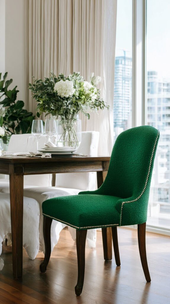 Reupholstered emerald green boucle accent chair as hero piece in a bright styled living room