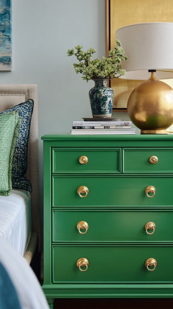 Green dresser with unlacquered brass hardware as hero piece styled in a bright editorial bedroom