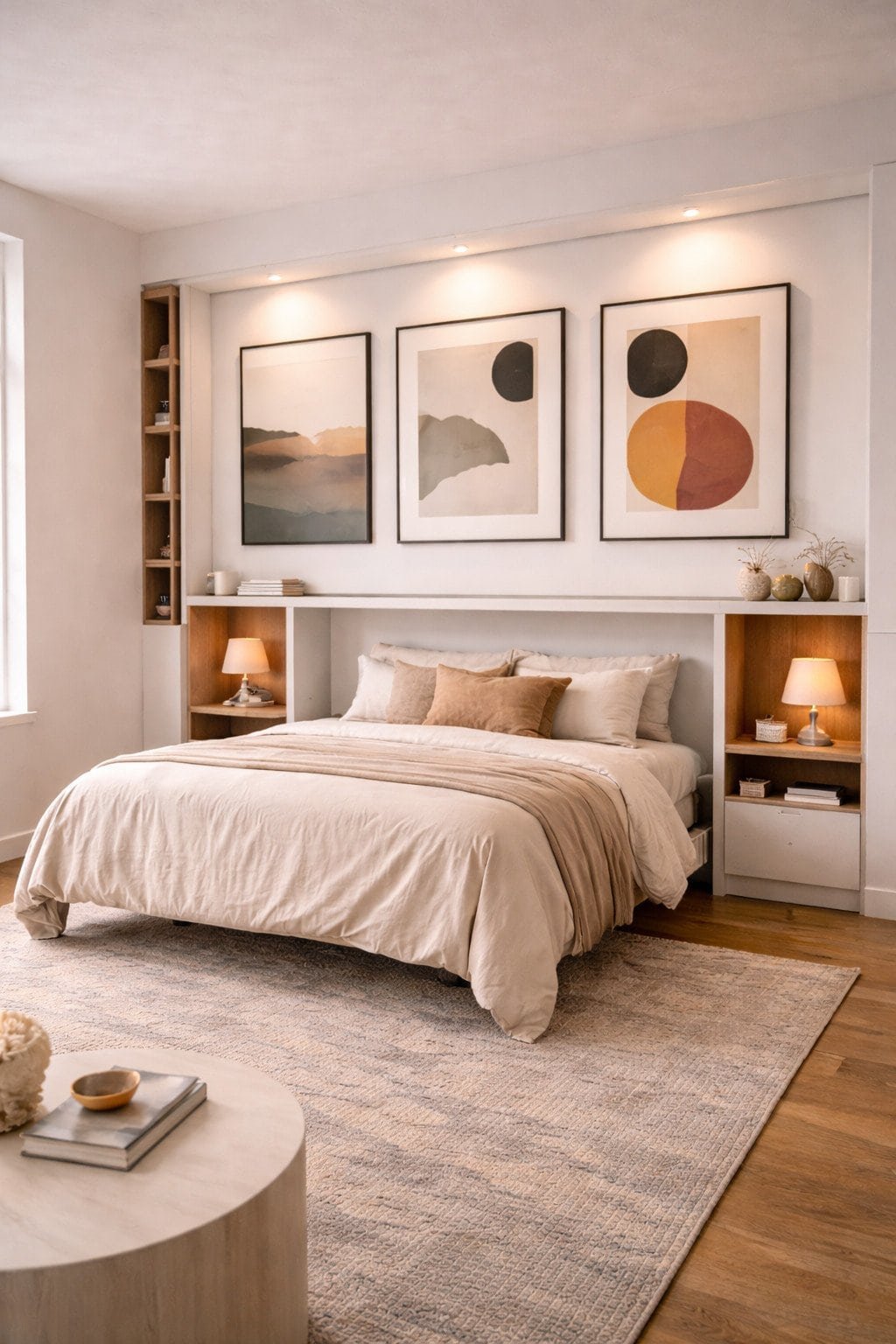 Gallery studio with Murphy bed hidden behind picture rail art wall and warm LED lighting