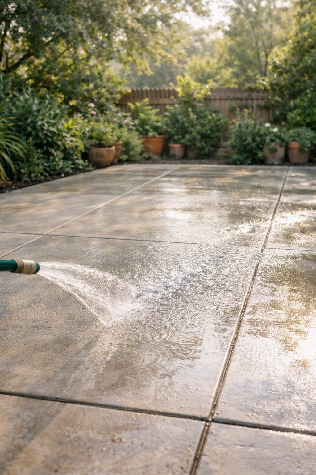 Garden hose watering a sunny patio