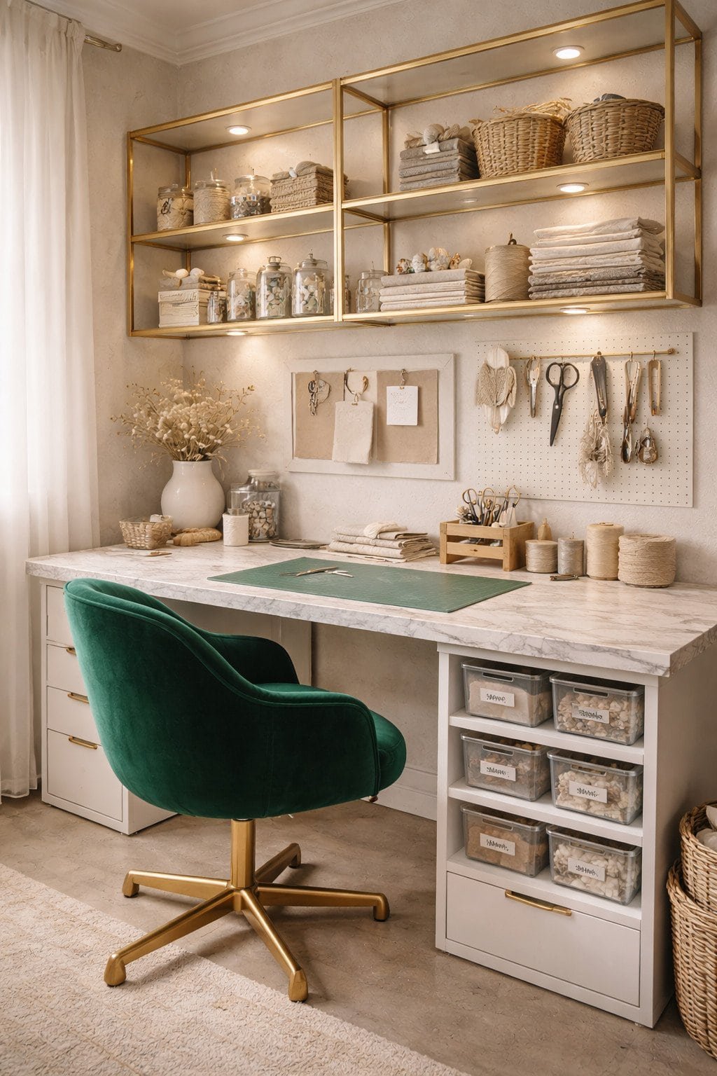 Glam craft studio with brass glass étagères, emerald velvet chair, marble desktop, and gold accent details
