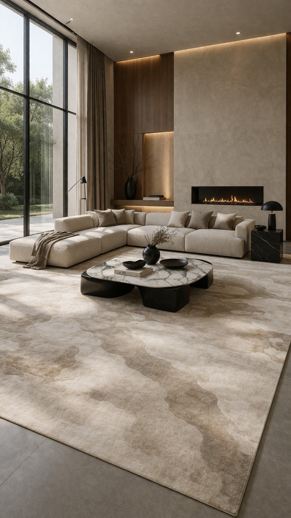 Living room with oversized bold geometric area rug anchoring entire seating arrangement