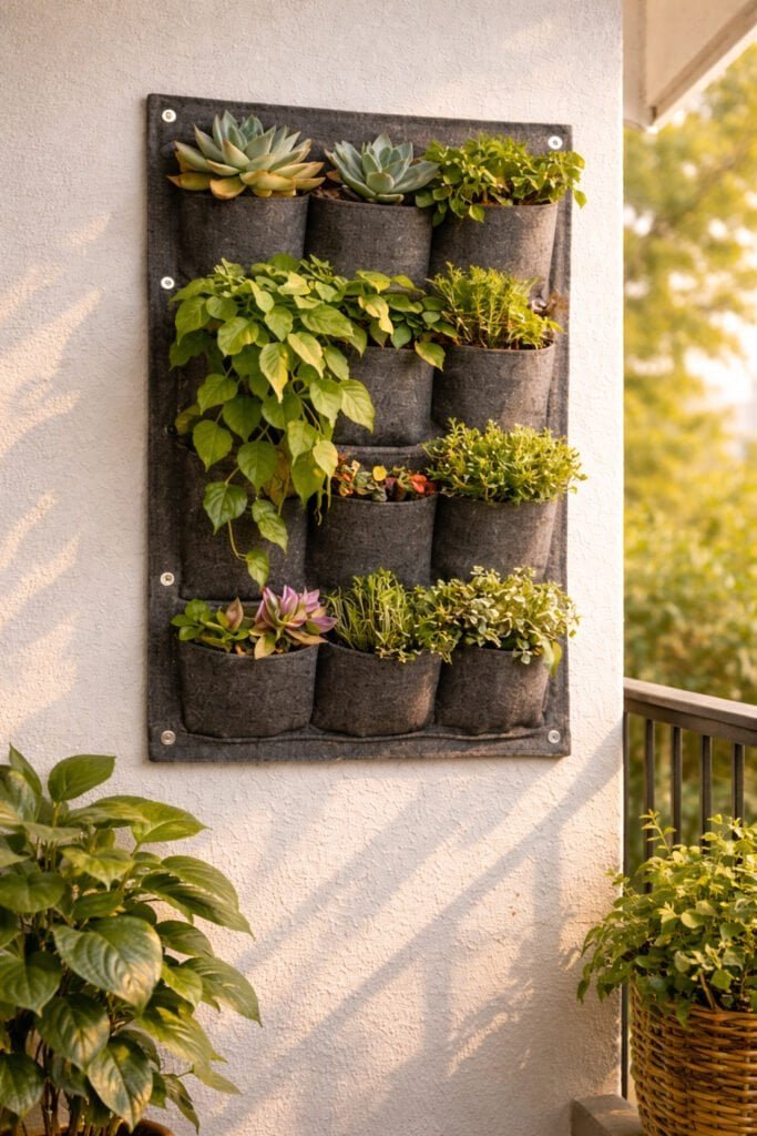 Vertical wall planter with succulents and trailing plants mounted on a small balcony wall, renter-friendly balcony garden idea, editorial home decor photography
