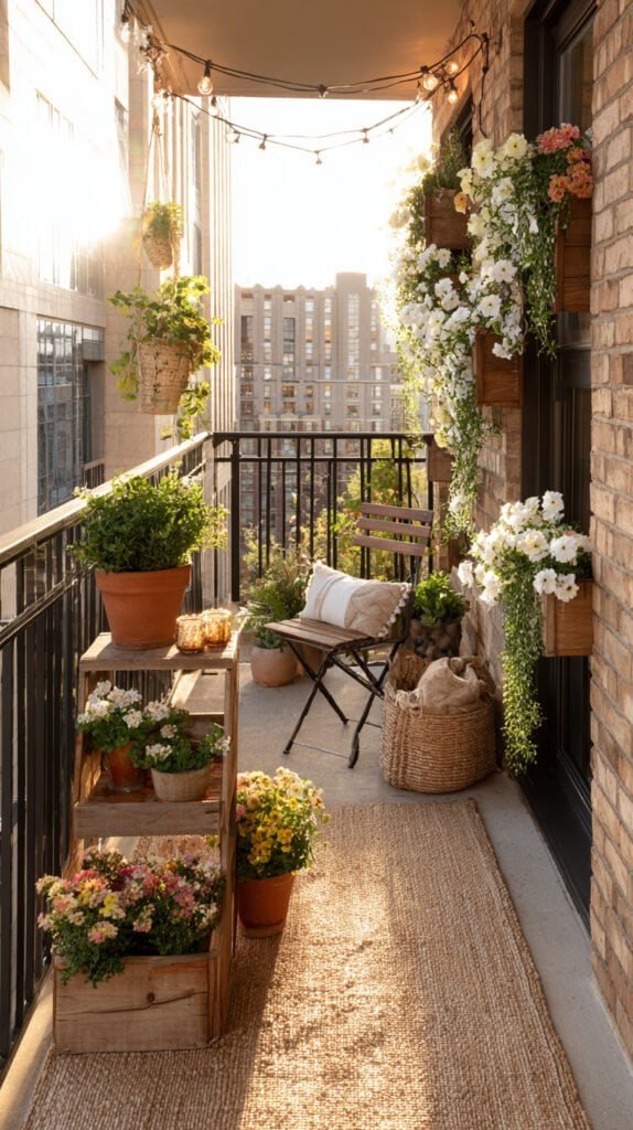 Lush small apartment balcony garden at golden hour with vertical planters, trailing vines, string lights, and cozy seating, budget-friendly renter-approved outdoor space, editorial home decor photography