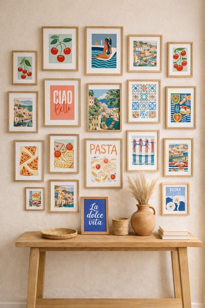 Mediterranean-inspired gallery wall featuring colorful framed art prints