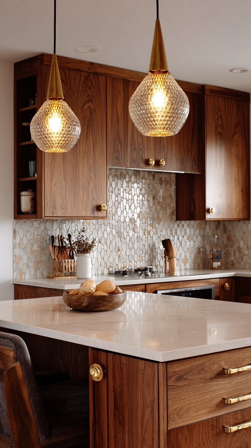 Mid-Century Warmth With Walnut and Cone Pendants
Prompt: A warm mid-century modern kitchenette shot straight-on from the front, facing forward view, flat walnut cabinet doors centered in frame, round brass knob pulls, cream quartz counters, a stack bond tile backsplash, opal glass cone pendant lights overhead, nostalgic and inviting amber lighting