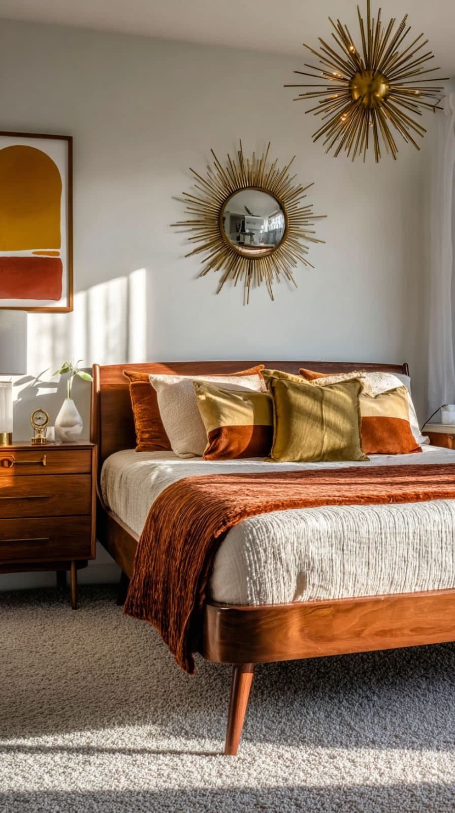 Mid-century guest bedroom with walnut bed, starburst mirror, globe lamp, and earthy terracotta and olive tones