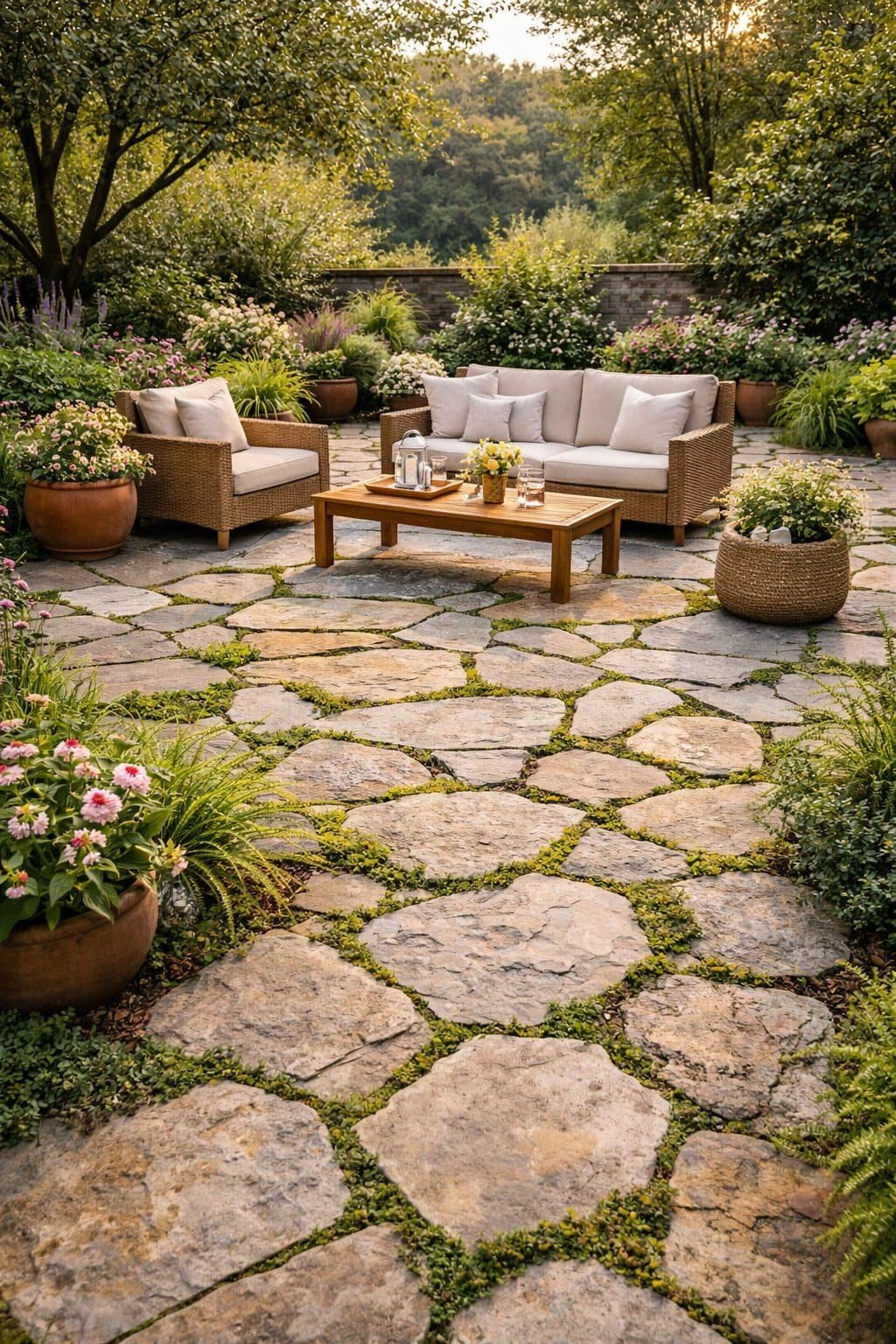 Natural flagstone patio with irregular stone shapes and ground cover plants filling the gaps.
