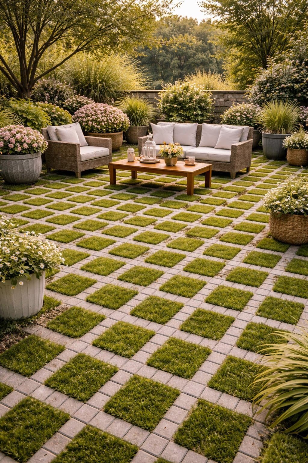 Open-grid grass pavers with green grass growing through the cells