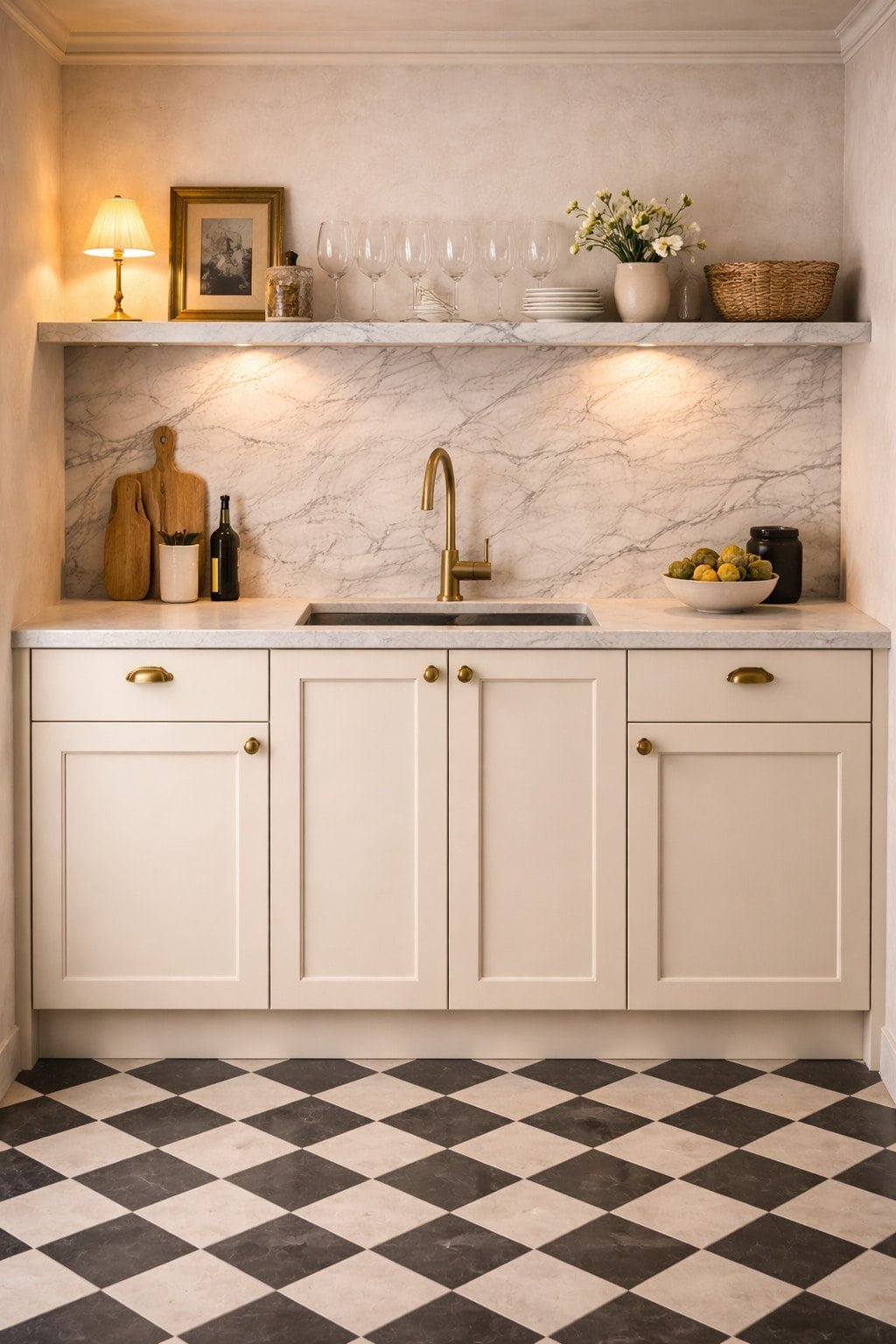 Parisian kitchenette with black-and-white checkered floor, cream Shaker cabinets, brass latches, and marble display shelf.