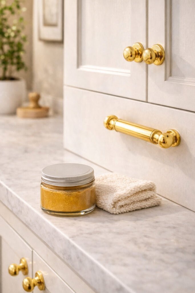 Polished brass cabinet hardware with paste wax and microfiber cloth for maintenance