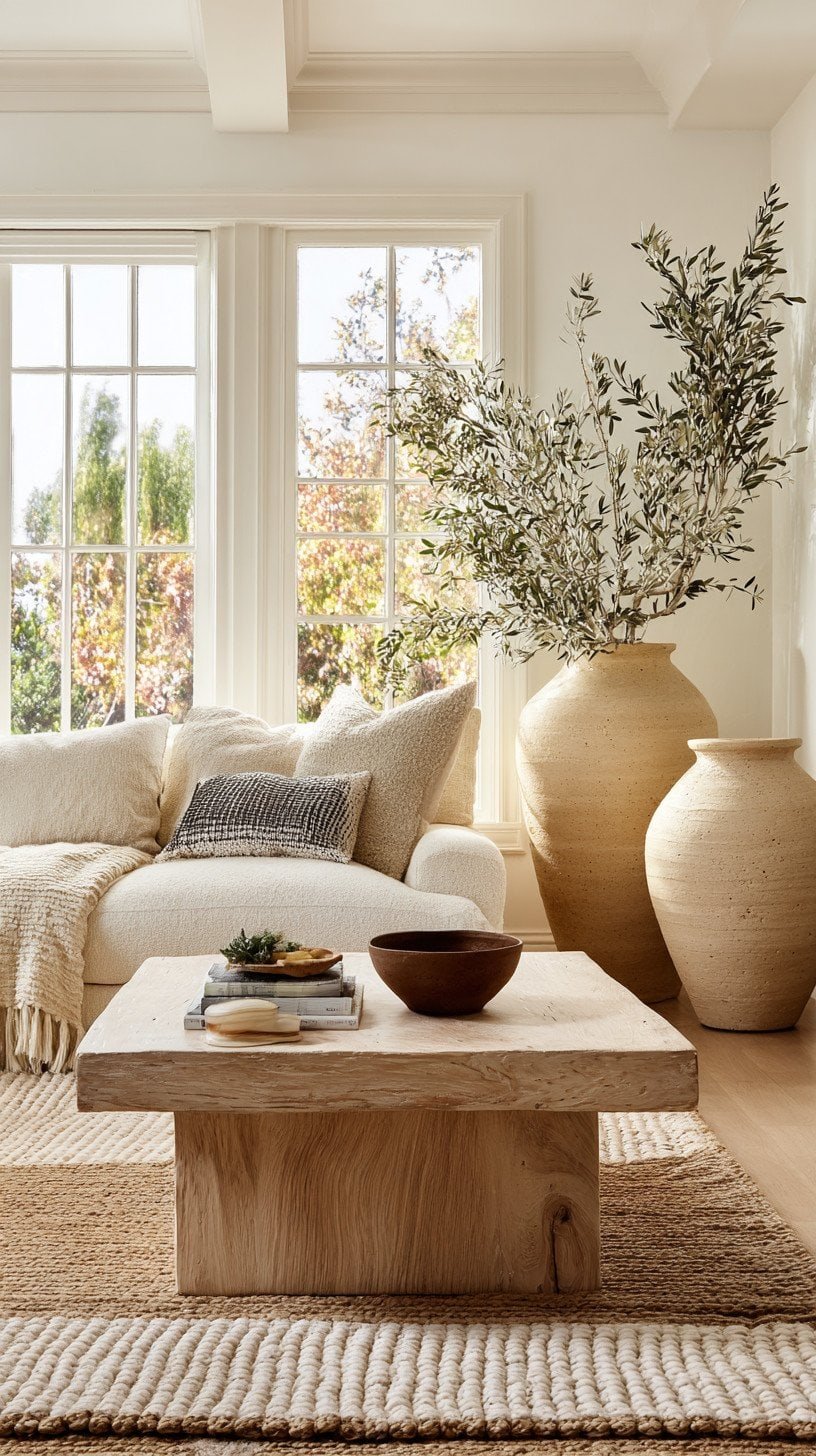 Neutral farmhouse living room with layered rugs, linen sofa, and earthy vases in warm morning light - Modern Farmhouse Updates