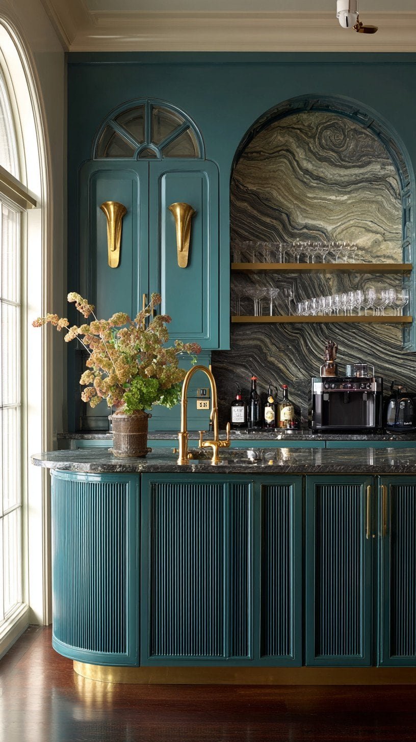 Art Deco kitchenette with fluted teal cabinets, brass arched faucet, and bold marble counters styled with dramatic lighting.