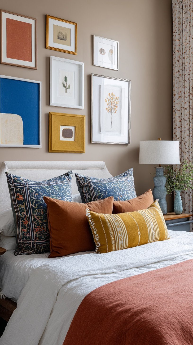 Bedroom gallery wall with bold colorful frames in cobalt, terracotta, and mustard holding art prints and photos