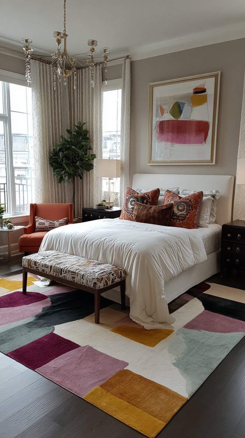 Bedroom with large colorful printed area rug featuring bold geometric pattern anchoring the room's color palette