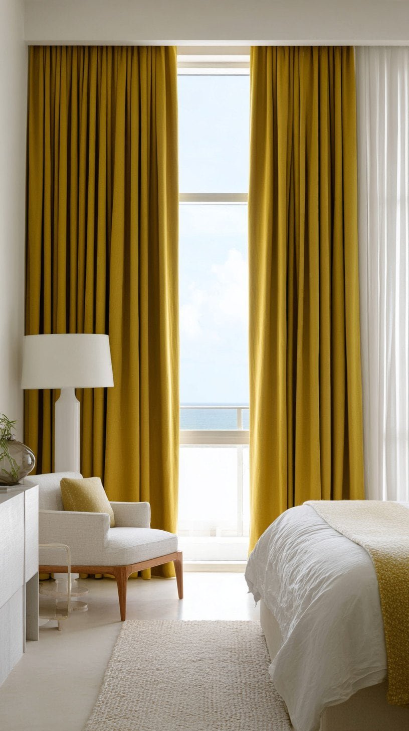 Bedroom with floor-to-ceiling mustard yellow linen curtains as the bold color anchor against white walls and furniture