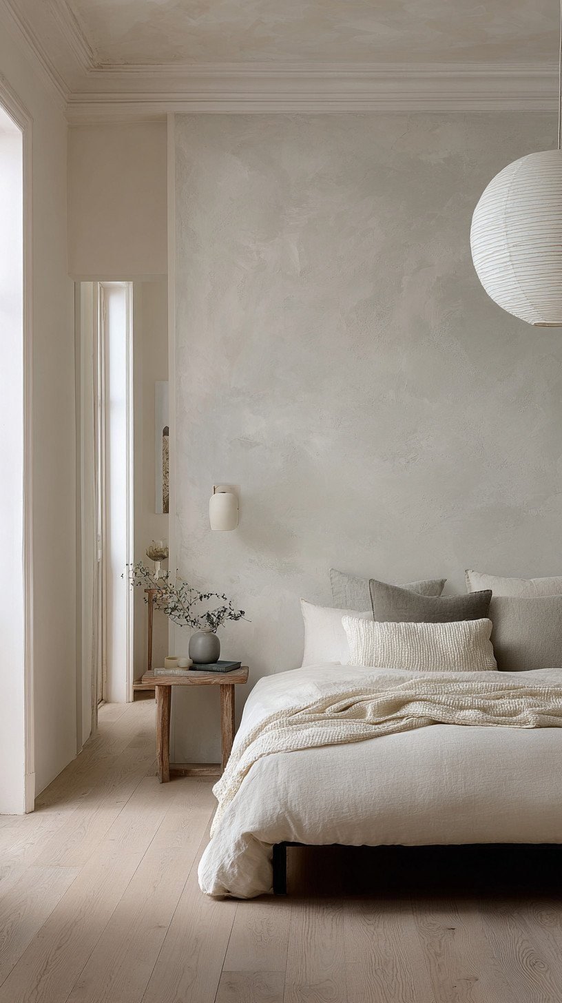 Bedroom with limewash painted walls showing warm white and gray textural variation, linen bedding, and organic modern furniture