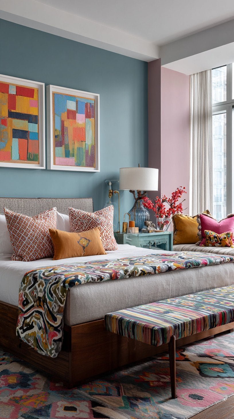 Bold maximalist dopamine decor bedroom with vibrant multicolor walls, pattern-mixed bedding, and joyful colorful accents throughout