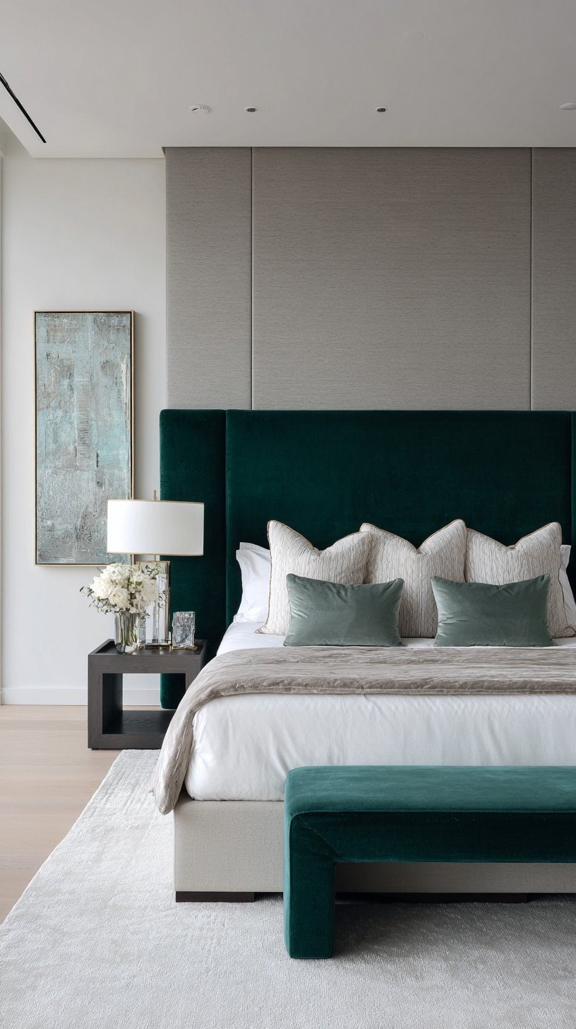 Modern bedroom with oversized emerald green velvet headboard as the bold focal point against neutral walls