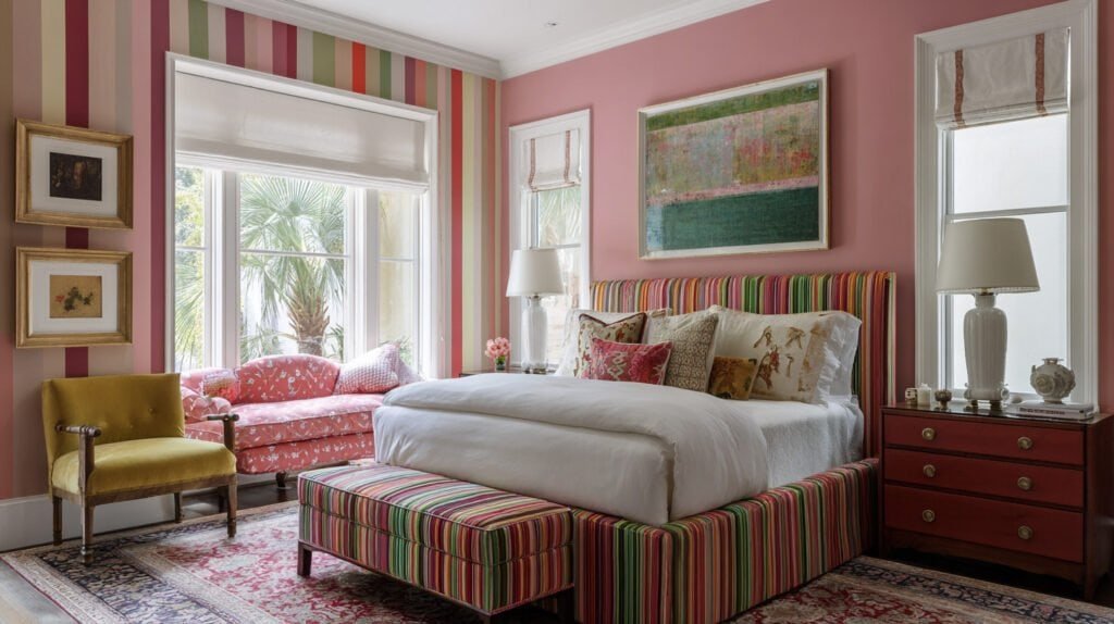 Vibrant and whimsical modern bedroom with bold colorful walls