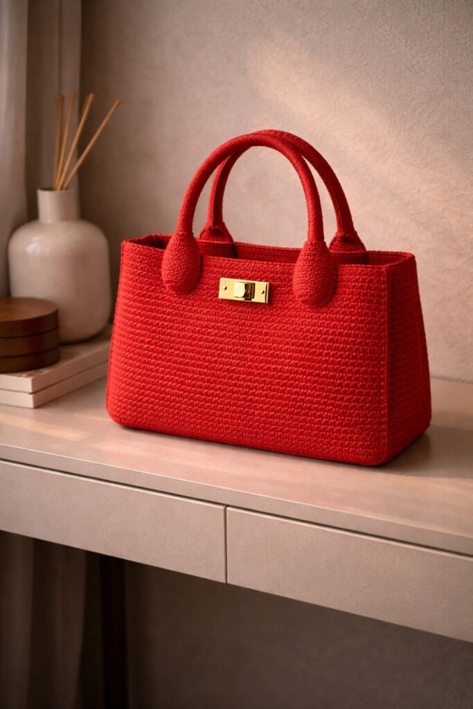 Red crochet handbag on beige table