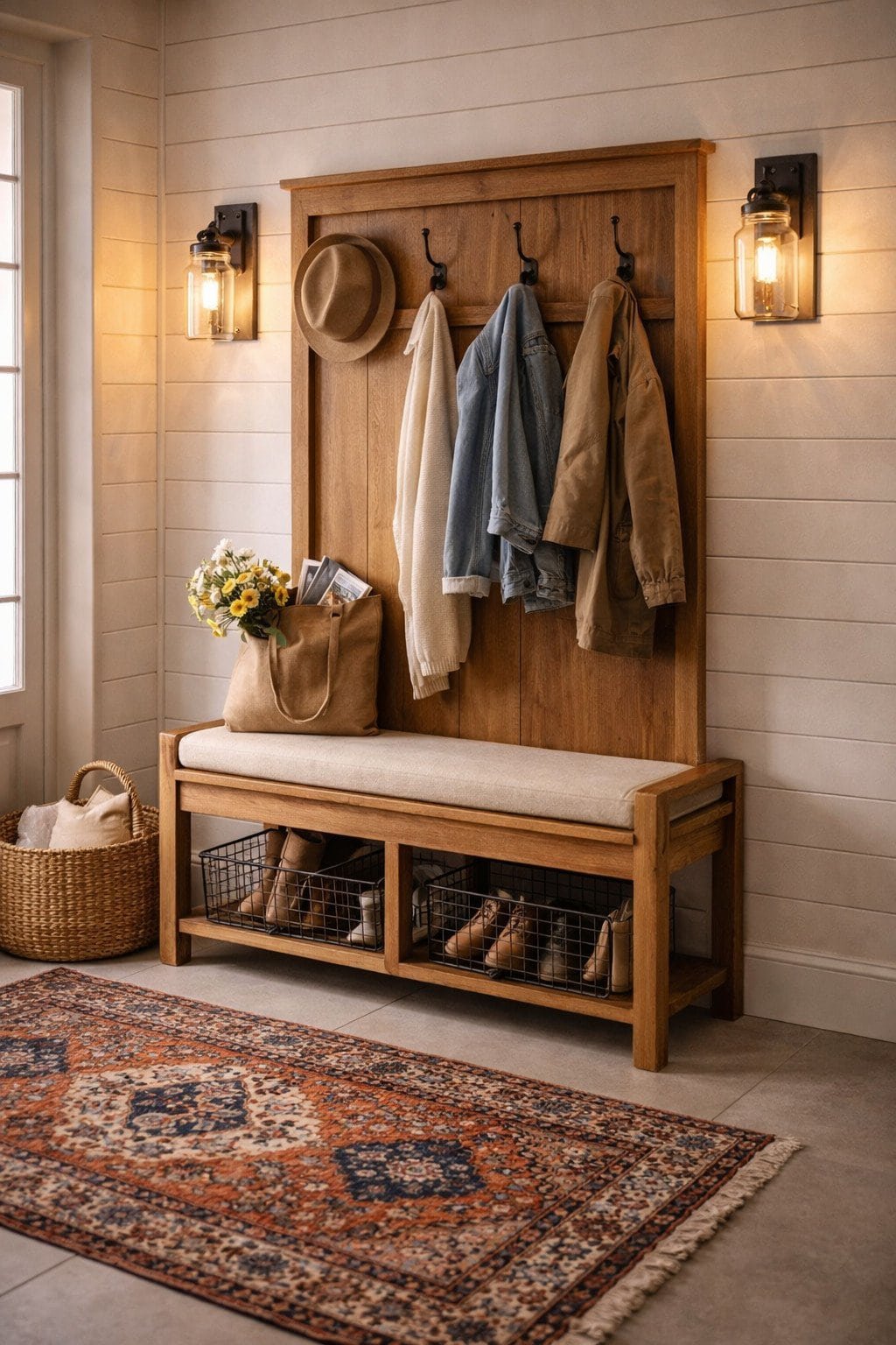 Rustic farmhouse entryway with warm accents