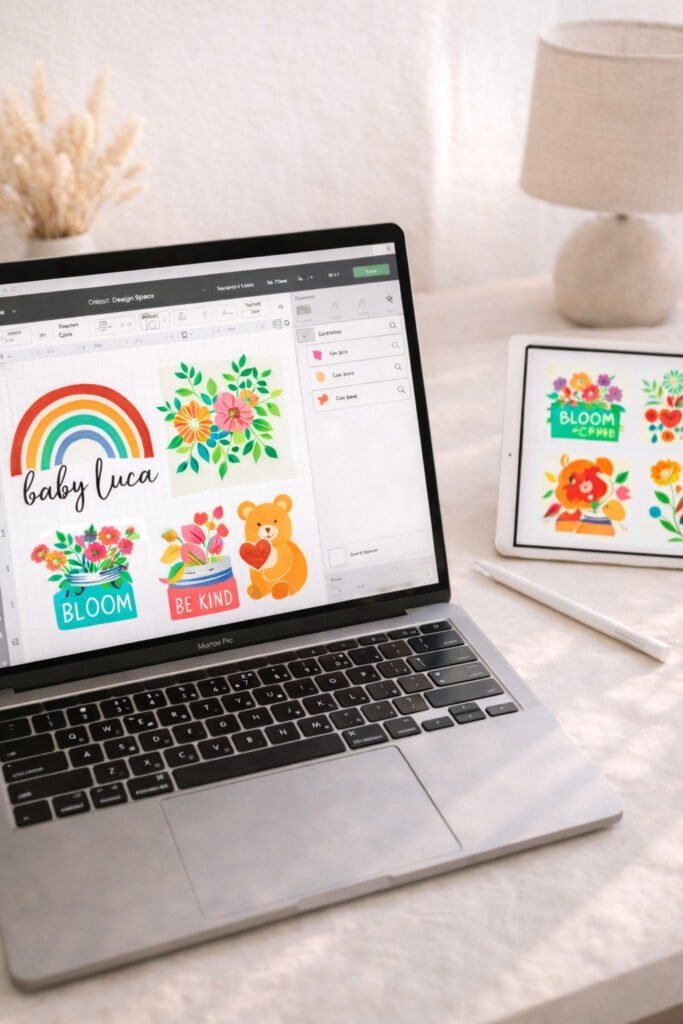 laptop screen displaying Cricut SVG designs with layered cut files visible