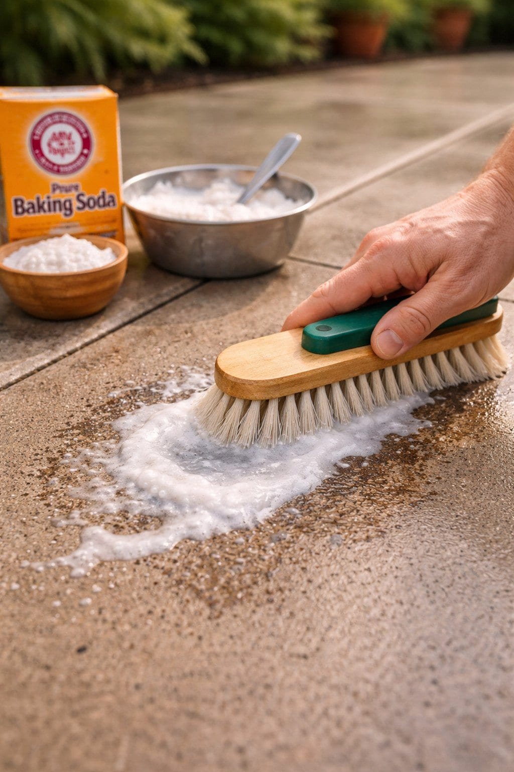 Scrubbing concrete stain with baking soda