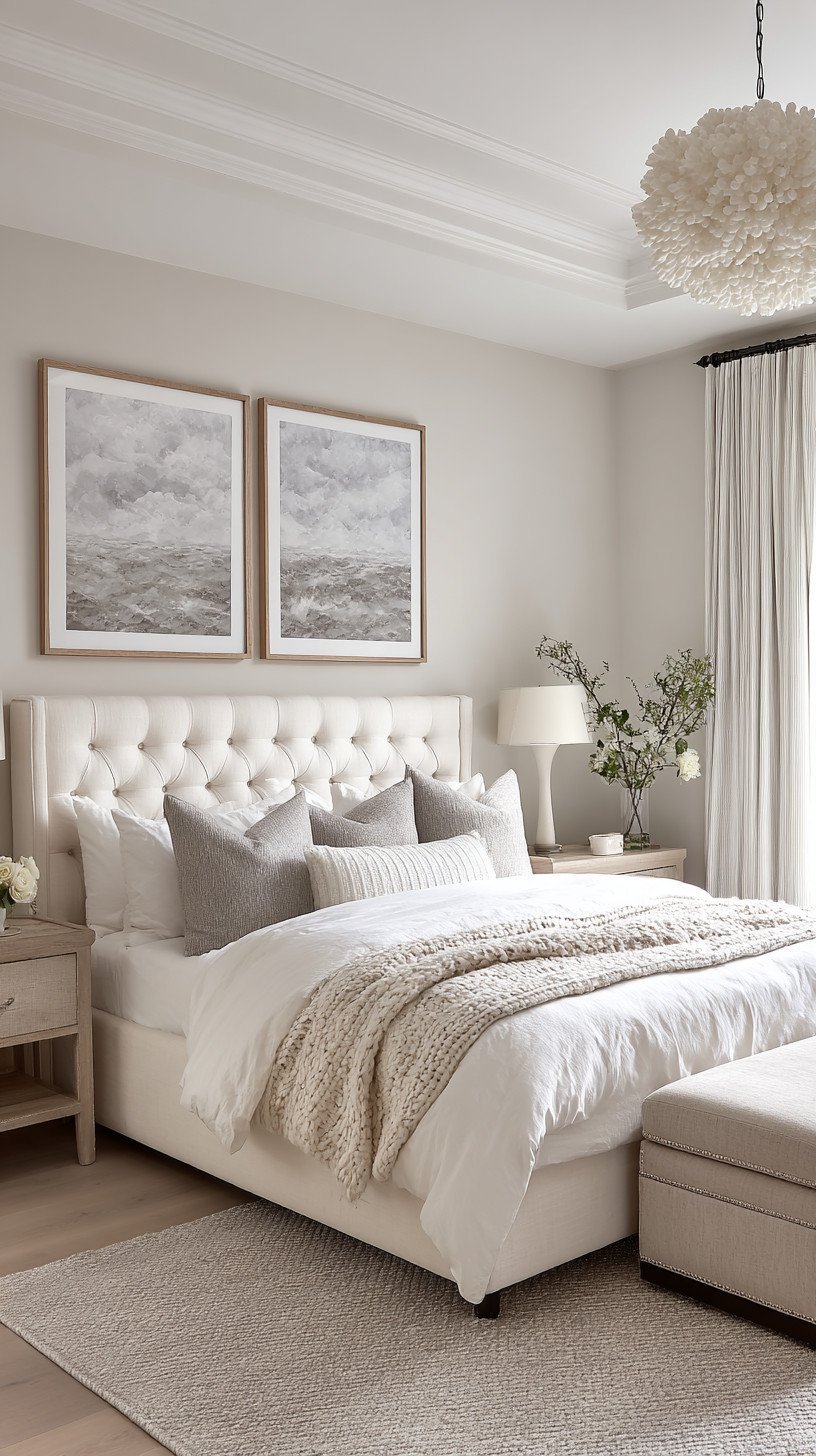 Monochrome guest bedroom with bouclé pillows, chunky knit throw, plaster lamp, and layered ivory and mushroom textures