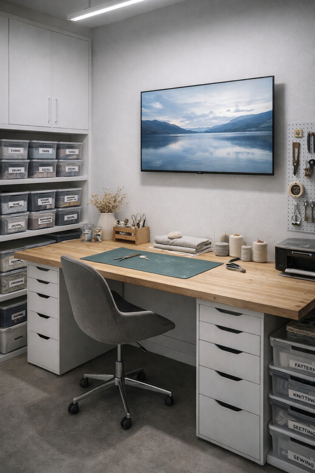 Sleek tech-optimized craft studio with wall-mounted monitor, cable-managed power strips, and smart-labeled storage bins