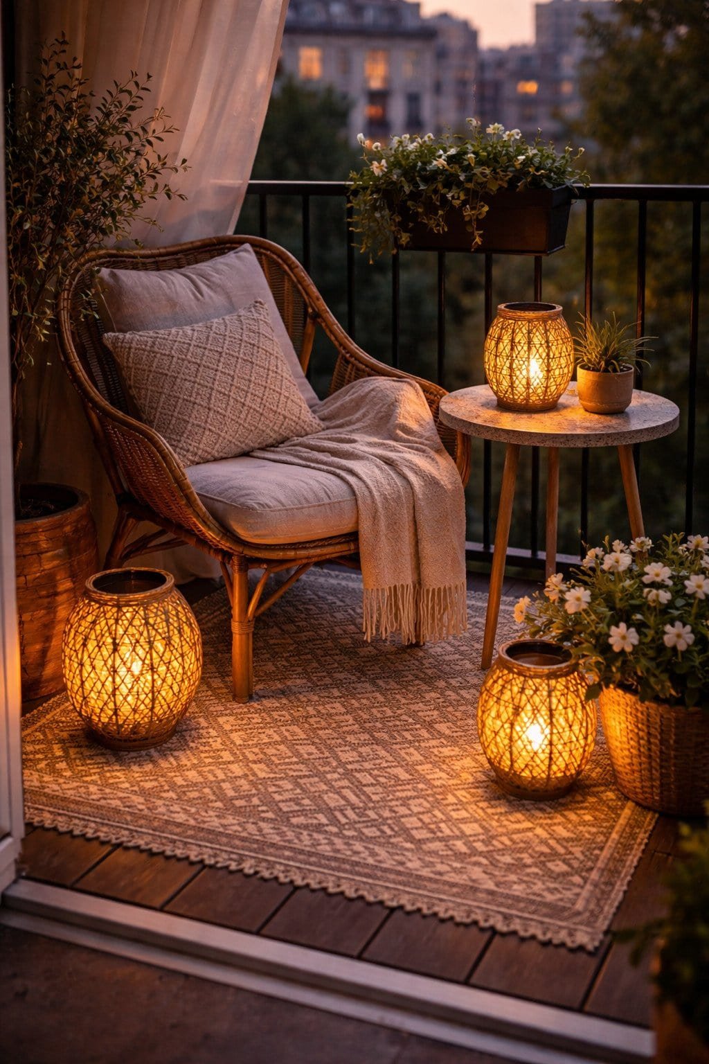 Small balcony at dusk with solar lanterns glowing at different heights on the table and floor by planters in warm amber light