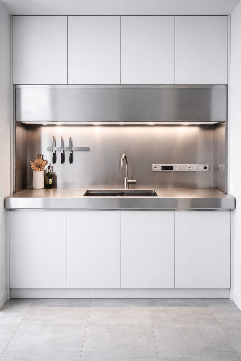 Tech-forward minimal kitchenette with retractable stainless worktop, magnetic knife rail, and smart power track outlets.