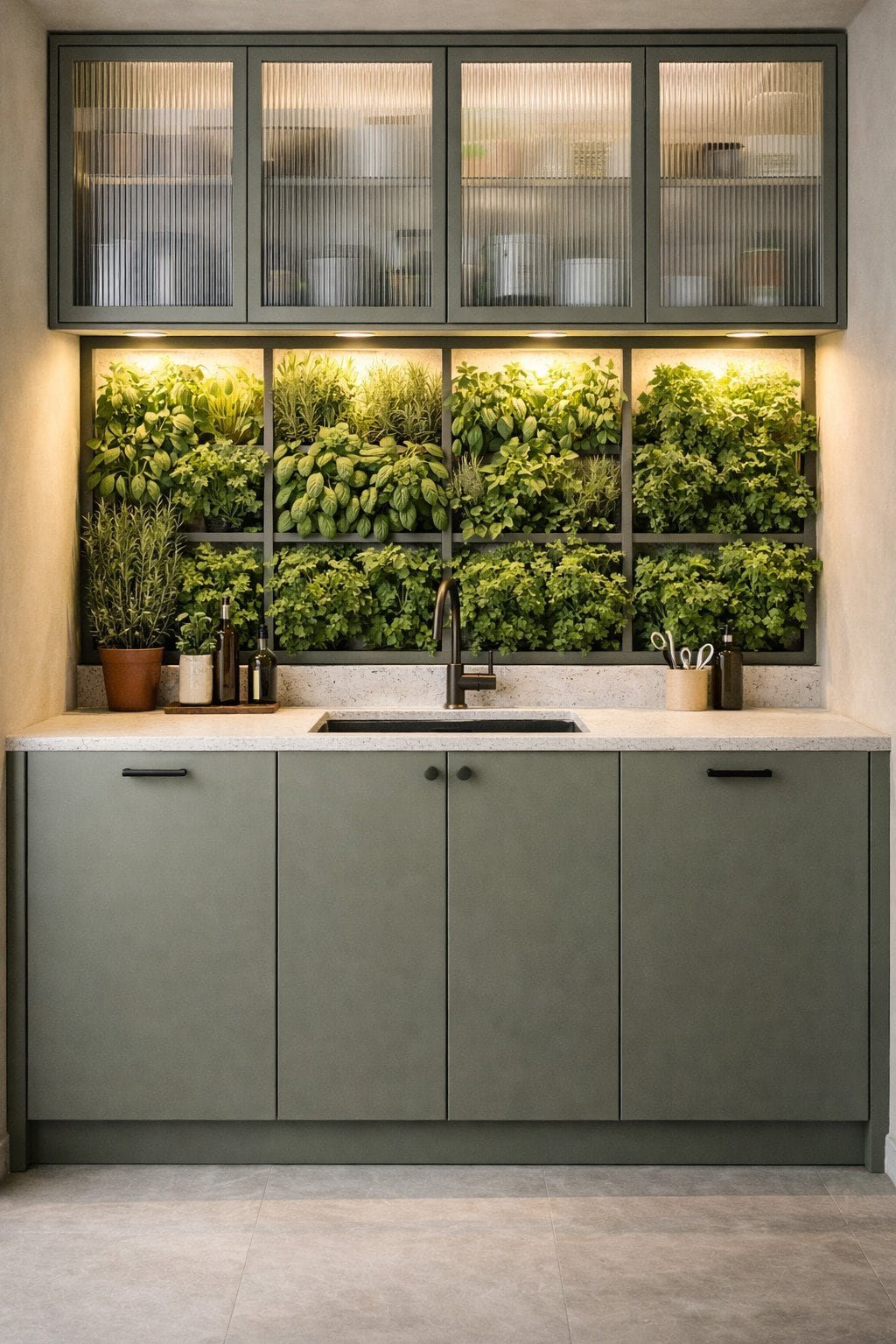 Urban kitchenette with a living herb wall, sage green cabinets, white terrazzo counters, and ribbed glass uppers.