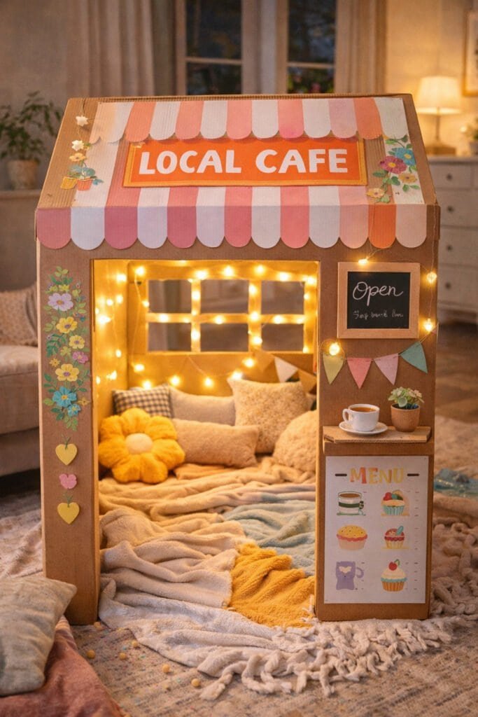 arge cardboard fort styled like a tiny café