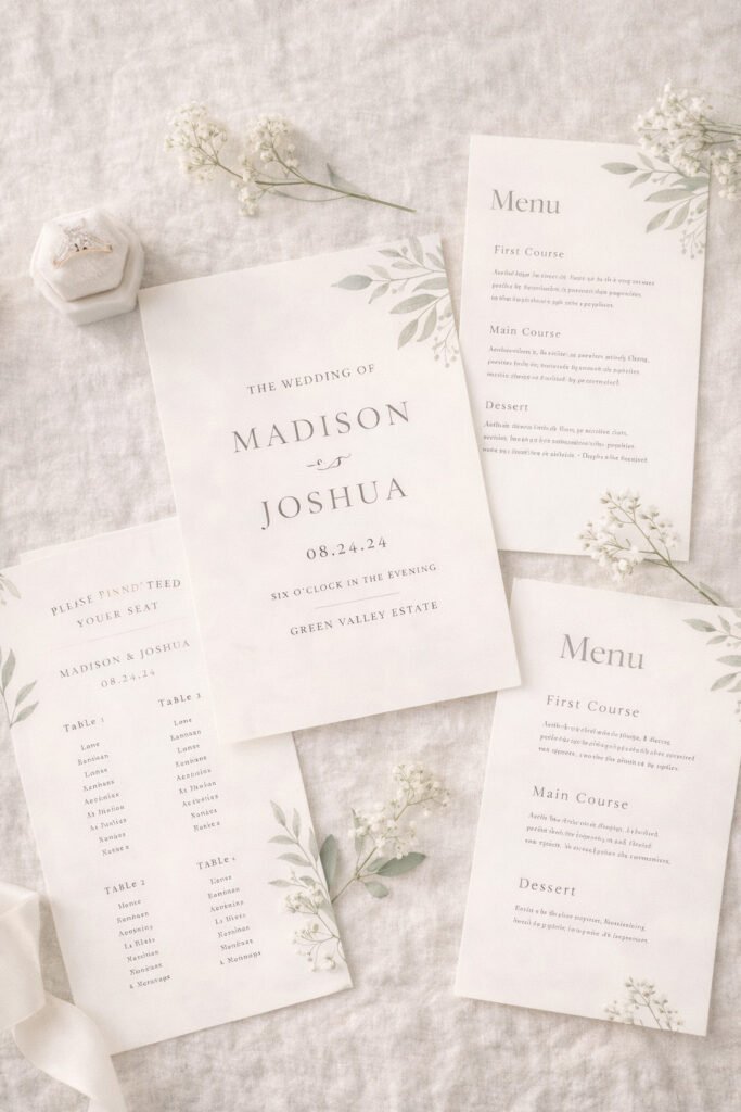 elegant wedding invitation suite with matching seating chart and menu card