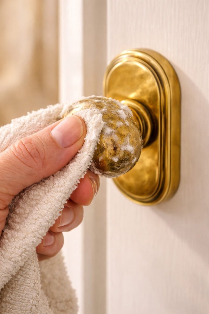 Applying homemade lemon and baking soda paste to brass hardware